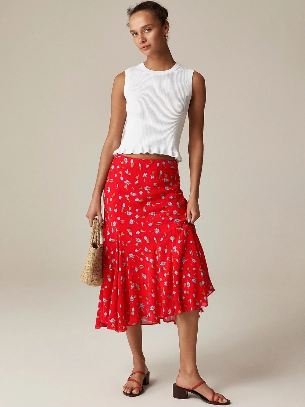 J.Crew Gwyneth Floral Chiffon Flounce Hem Midi Skirt Red XS